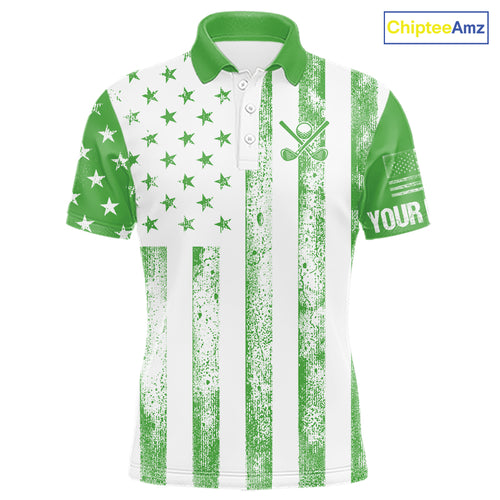 Personalized Green & White American Flag Retro Men golf polo shirts Custom Patriotic golf top for men NQS10309