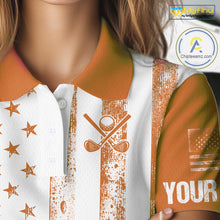Load image into Gallery viewer, Personalized Orange White American Flag Retro Women golf polo shirt Custom Patriotic ladies golf top NQS10310