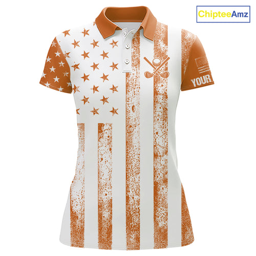 Personalized Orange White American Flag Retro Women golf polo shirt Custom Patriotic ladies golf top NQS10310