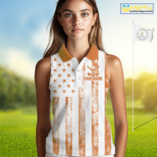 Load image into Gallery viewer, Personalized Orange &amp; White American Flag Retro Women sleeveless polo shirt Patriotic laies golf top NQS10310