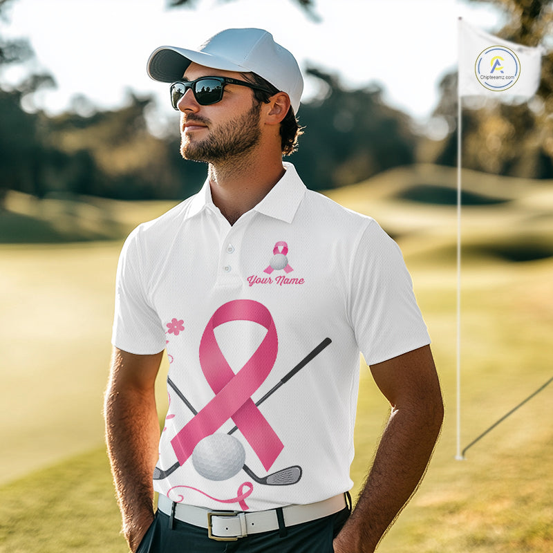 Pink ribbon golf ball clubs Mens polo golf shirts Custom Breast cancer awareness team golf jerseys NQS10506