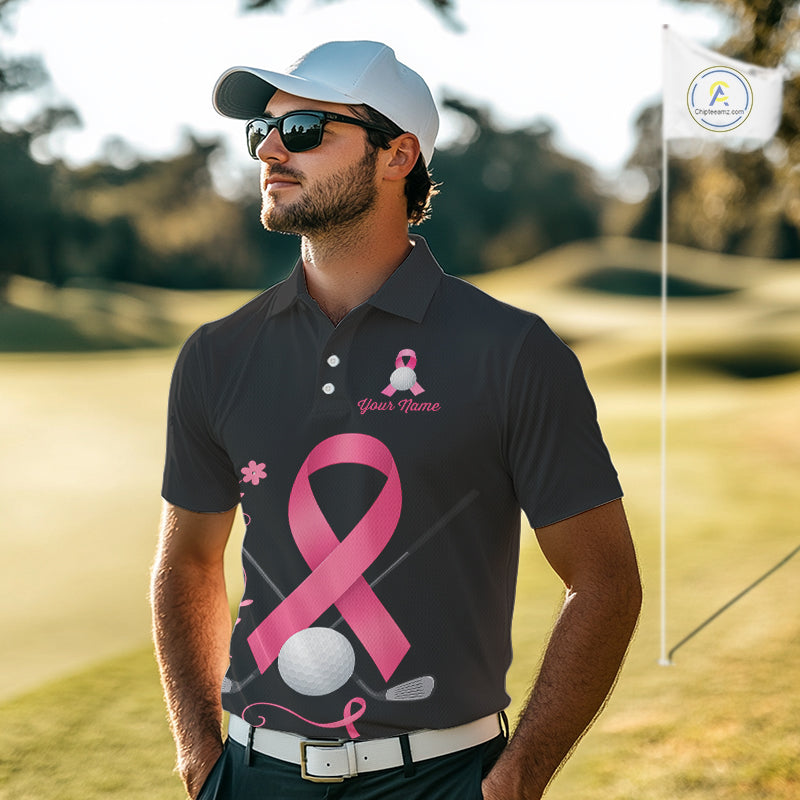 Pink ribbon golf ball clubs Black Mens polo golf shirts Custom Breast cancer team golf jerseys NQS10507