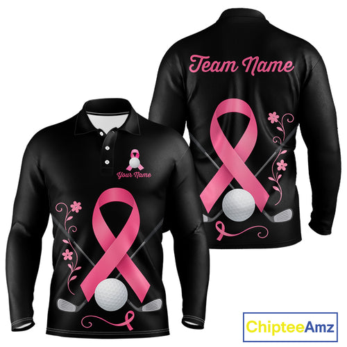 Pink ribbon golf ball clubs Black Mens polo golf shirts Custom Breast cancer team golf jerseys NQS10507
