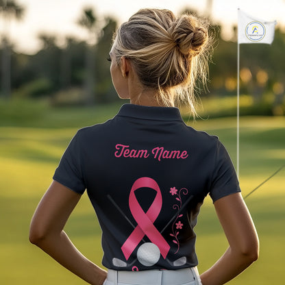 Pink ribbon golf ball clubs Black Women polo golf shirts Custom Breast cancer team golf jerseys NQS10507