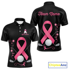 Load image into Gallery viewer, Pink ribbon golf ball clubs Black Mens polo golf shirts Custom Breast cancer team golf jerseys NQS10507