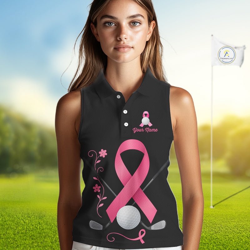 Pink ribbon golf ball club Black Sleeveless Polo golf shirt Custom Breast cancer team golf jersey NQS10507