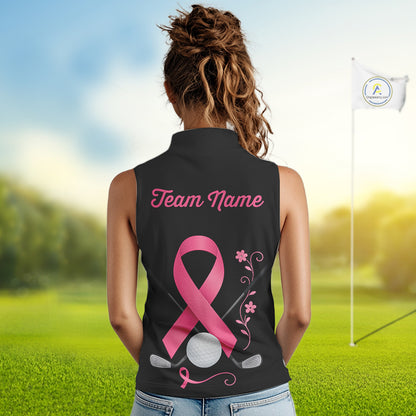Pink ribbon golf ball club Black Sleeveless Polo golf shirt Custom Breast cancer team golf jersey NQS10507