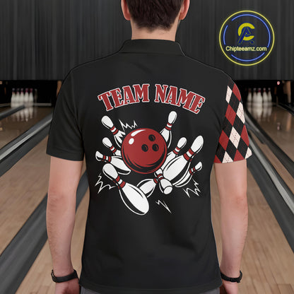 Black and Red Argyle Pattern Retro Bowling Polo, Quarter Zip Shirt for Men Custom Team Bowling Outfit NQS10510