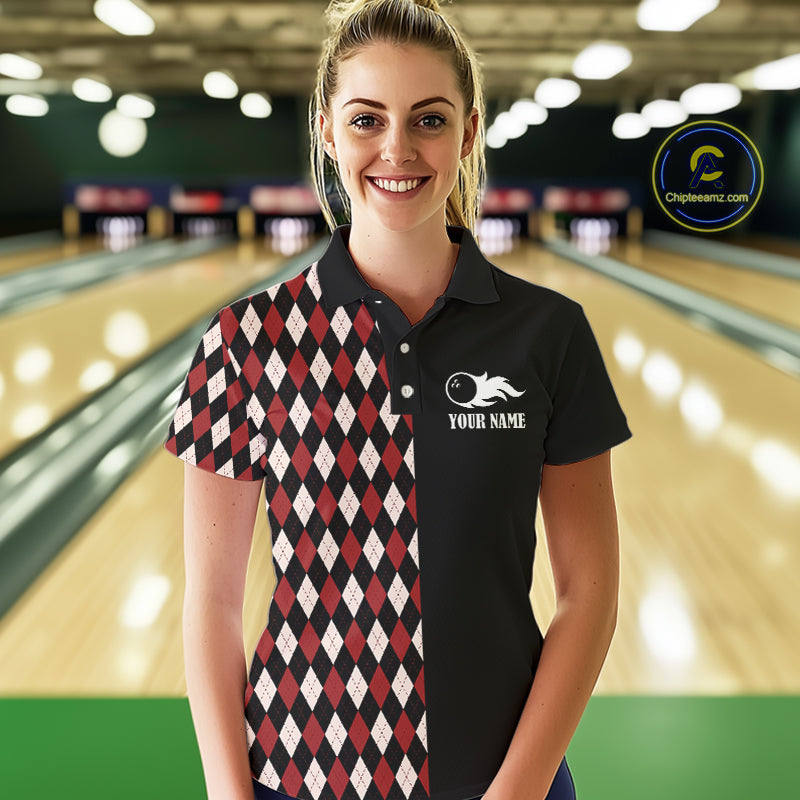 Black and Red Argyle Pattern Retro Women Bowling Polo, Quarter Zip Shirt Custom Team Bowling Outfit NQS10510