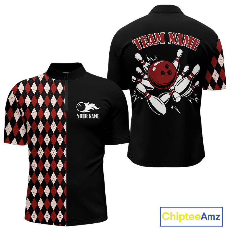 Black and Red Argyle Pattern Retro Bowling Polo, Quarter Zip Shirt for Men Custom Team Bowling Outfit NQS10510