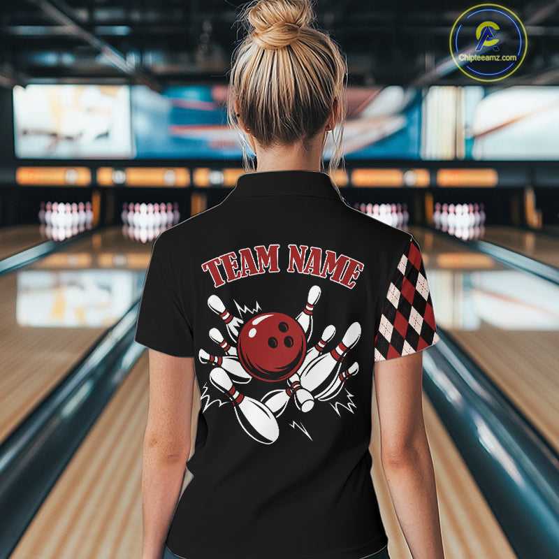 Black and Red Argyle Pattern Retro Women Bowling Polo, Quarter Zip Shirt Custom Team Bowling Outfit NQS10510