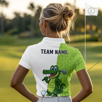 Green & White Funny Alligator Golf Polo Shirt For Women Custom ladies's golf apparel funny golf gifts NQS10738