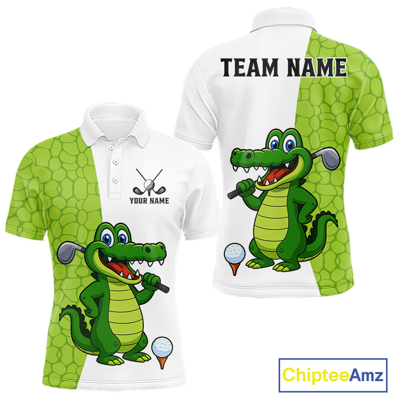 Green and White Funny Alligator Golf Polo Shirt For Men Custom men's golf apparel funny golf gifts NQS10738