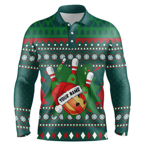 Green Christmas pattern Bowling Polo, Quarter Zip Shirts For Men Custom Christmas Bowling Team Jersey NQS8788