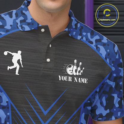 Mens Bowling Polo, Quarter Zip Shirts Custom blue camo American flag team bowling League Jerseys NQS11116