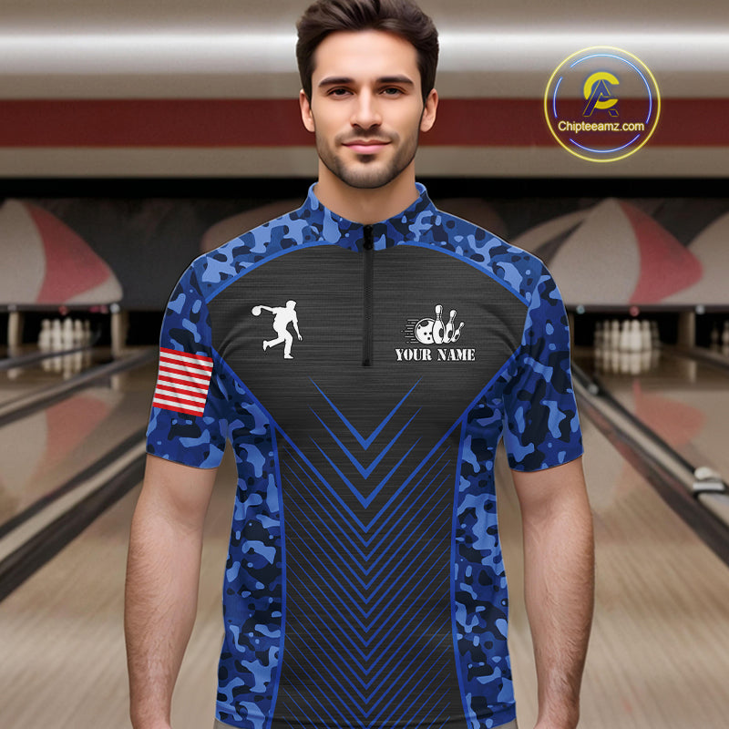 Mens Bowling Polo, Quarter Zip Shirts Custom blue camo American flag team bowling League Jerseys NQS11116