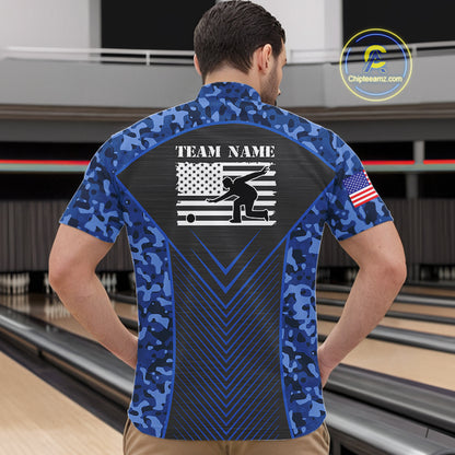 Mens Bowling Polo, Quarter Zip Shirts Custom blue camo American flag team bowling League Jerseys NQS11116
