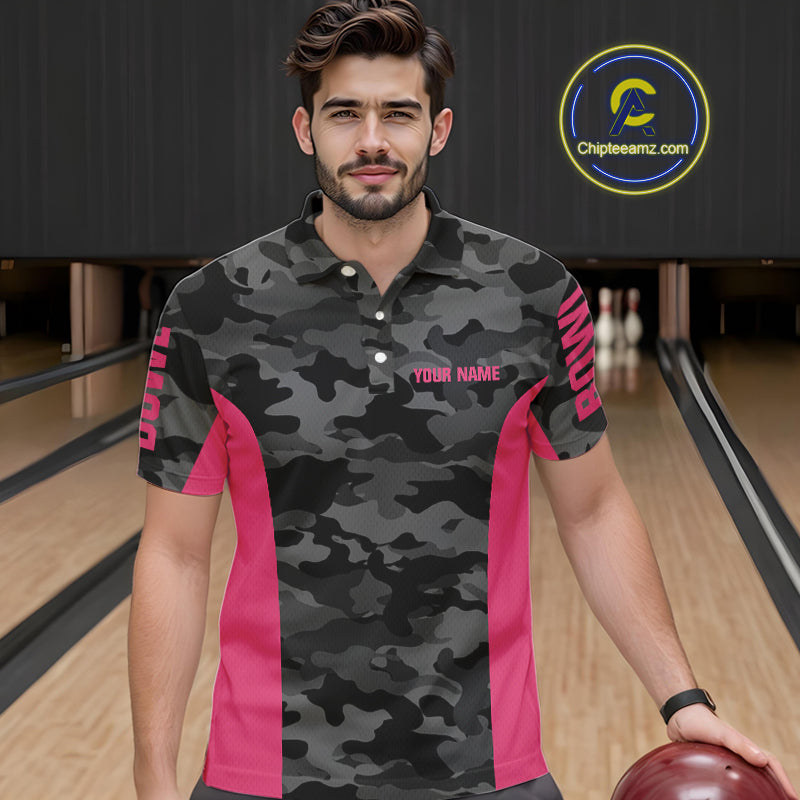 Mens bowling polo, 1/4 zip shirts Custom gray camo Bowling Team Jersey, Bowling League Shirt | Pink NQS11118