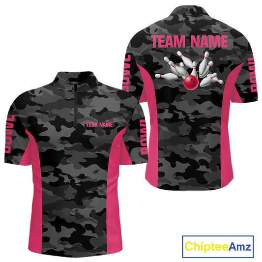 Mens bowling polo, 1/4 zip shirts Custom gray camo Bowling Team Jersey, Bowling League Shirt | Pink NQS11118