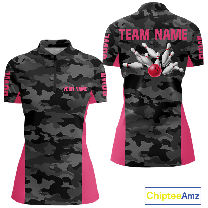 Women bowling polo, 1/4 zip shirts Custom gray camo Bowling Team Jersey, Bowling League Shirt | Pink NQS11118