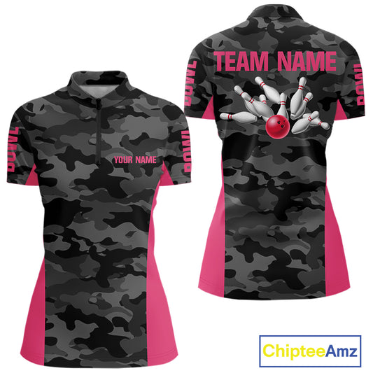 Women bowling polo, 1/4 zip shirts Custom gray camo Bowling Team Jersey, Bowling League Shirt | Pink NQS11118