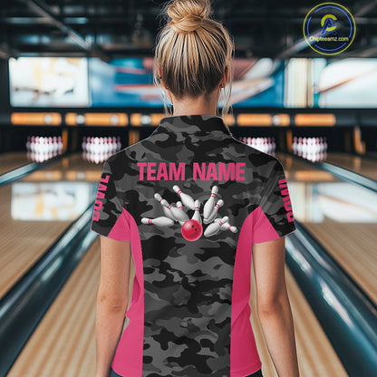 Women bowling polo, 1/4 zip shirts Custom gray camo Bowling Team Jersey, Bowling League Shirt | Pink NQS11118