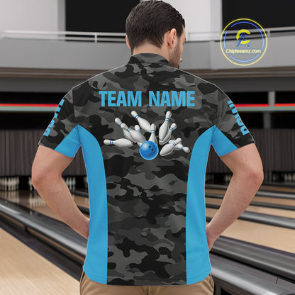 Mens bowling polo, 1/4 zip shirts Custom gray camo Bowling Team Jersey, Bowling League Shirt | Blue NQS11119