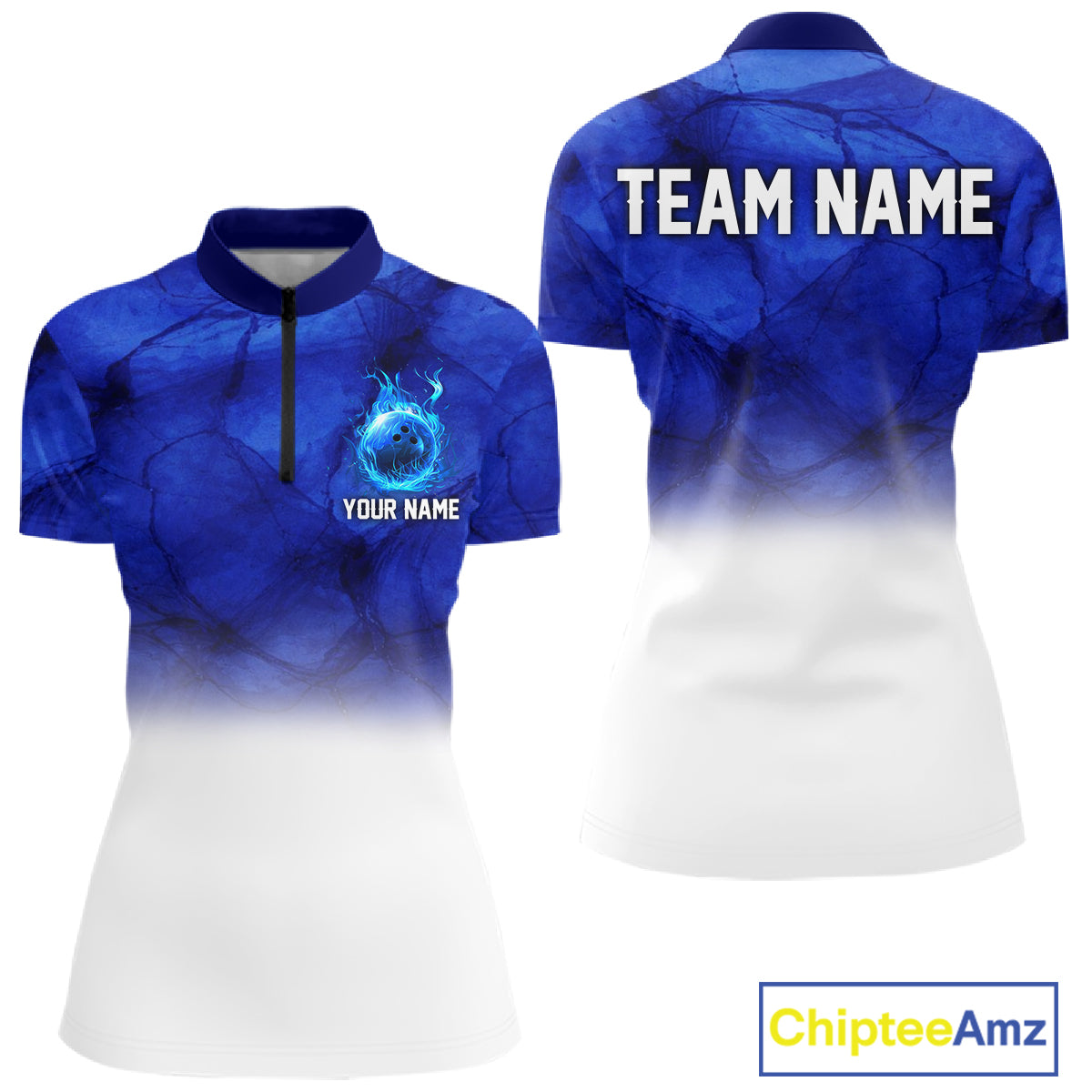 Blue and White Bowling Polo, Quarter Zip Shirt For Women Custom Team Bowling jerseys NQS11321