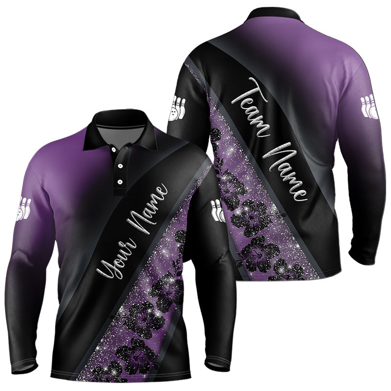 Black and Purple Glitter Flower Bowling Polo, Quarter Zip Shirt for Men Custom Bowling Team Jerseys NQS9432