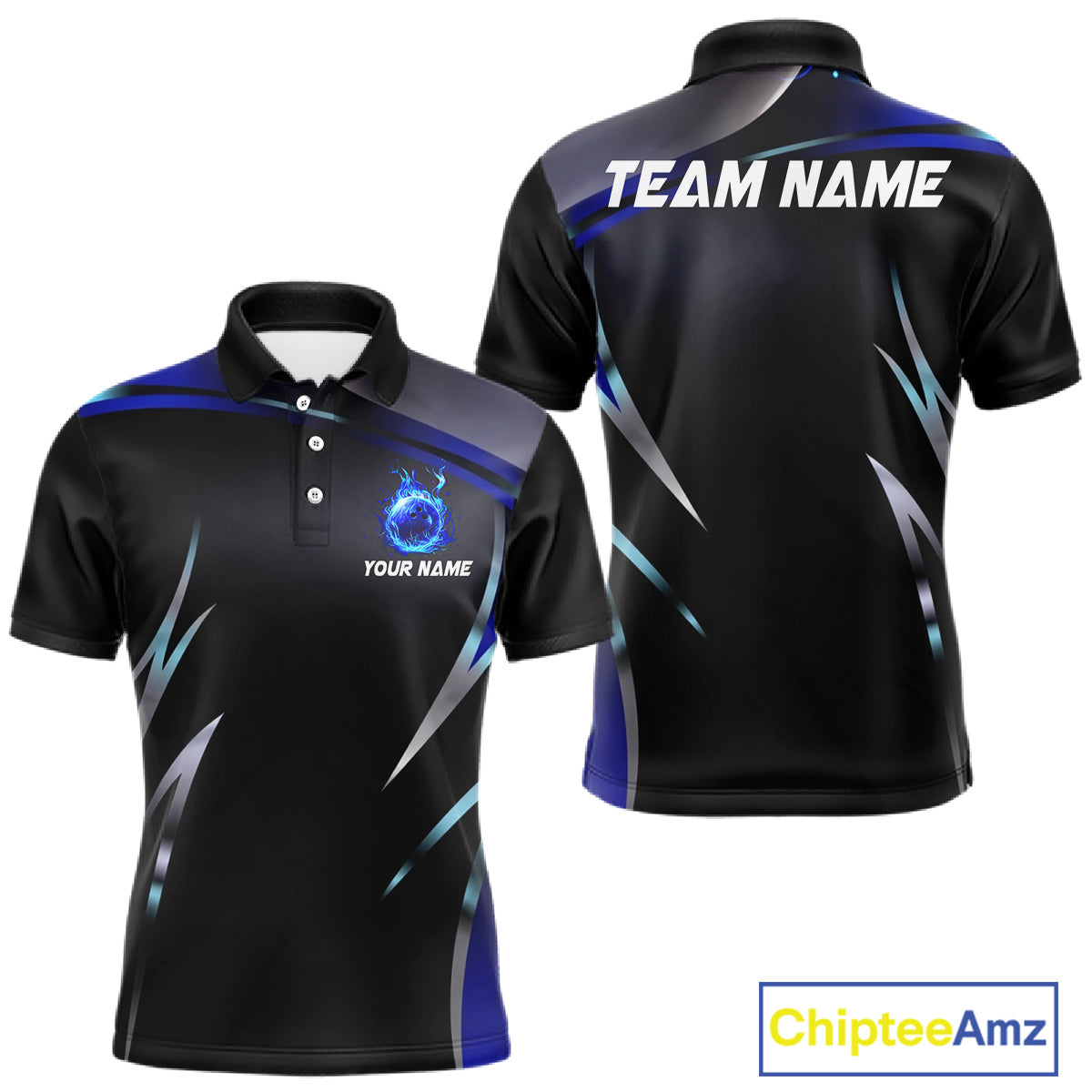 Black and blue Bowling Polo, Quarter Zip Shirts for Men Custom Team bowling shirts with flames NQS11531