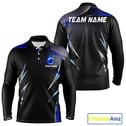 Black and blue Bowling Polo, Quarter Zip Shirts for Men Custom Team bowling shirts with flames NQS11531
