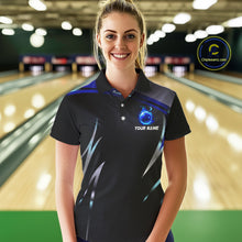 Load image into Gallery viewer, Black and blue Bowling Polo, Quarter Zip Shirts for Women Custom Team bowling shirts with flames NQS11531