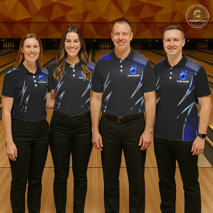 Black and blue Bowling Polo, Quarter Zip Shirts for Men Custom Team bowling shirts with flames NQS11531