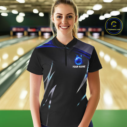 Black and blue Bowling Polo, Quarter Zip Shirts for Women Custom Team bowling shirts with flames NQS11531