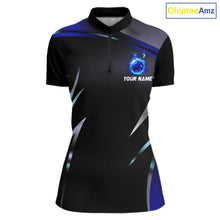 Load image into Gallery viewer, Black and blue Bowling Polo, Quarter Zip Shirts for Women Custom Team bowling shirts with flames NQS11531