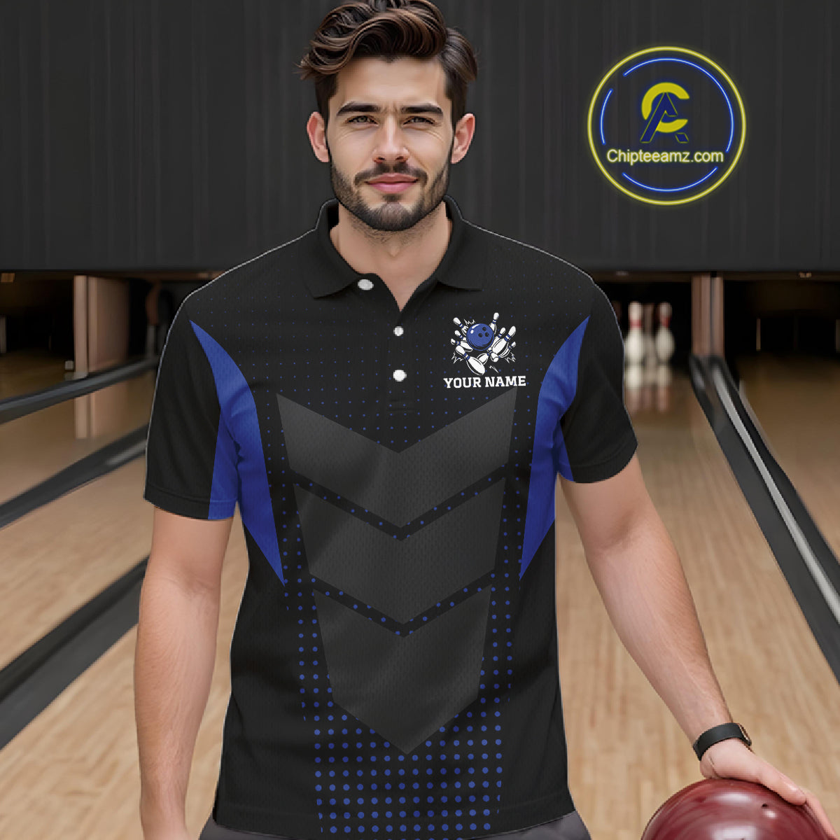 Navy blue and Black Mens Bowling Jerseys Custom Team bowling polo shirts for men, bowling zip jerseys NQS11532