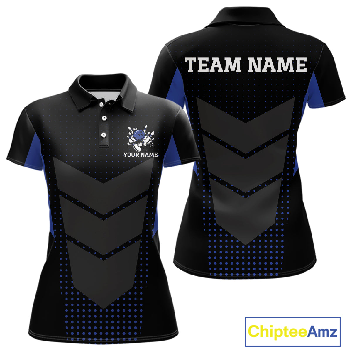 Navy blue and Black Womens Bowling Jerseys Custom Team bowling polo shirts, bowling zip jerseys NQS11532