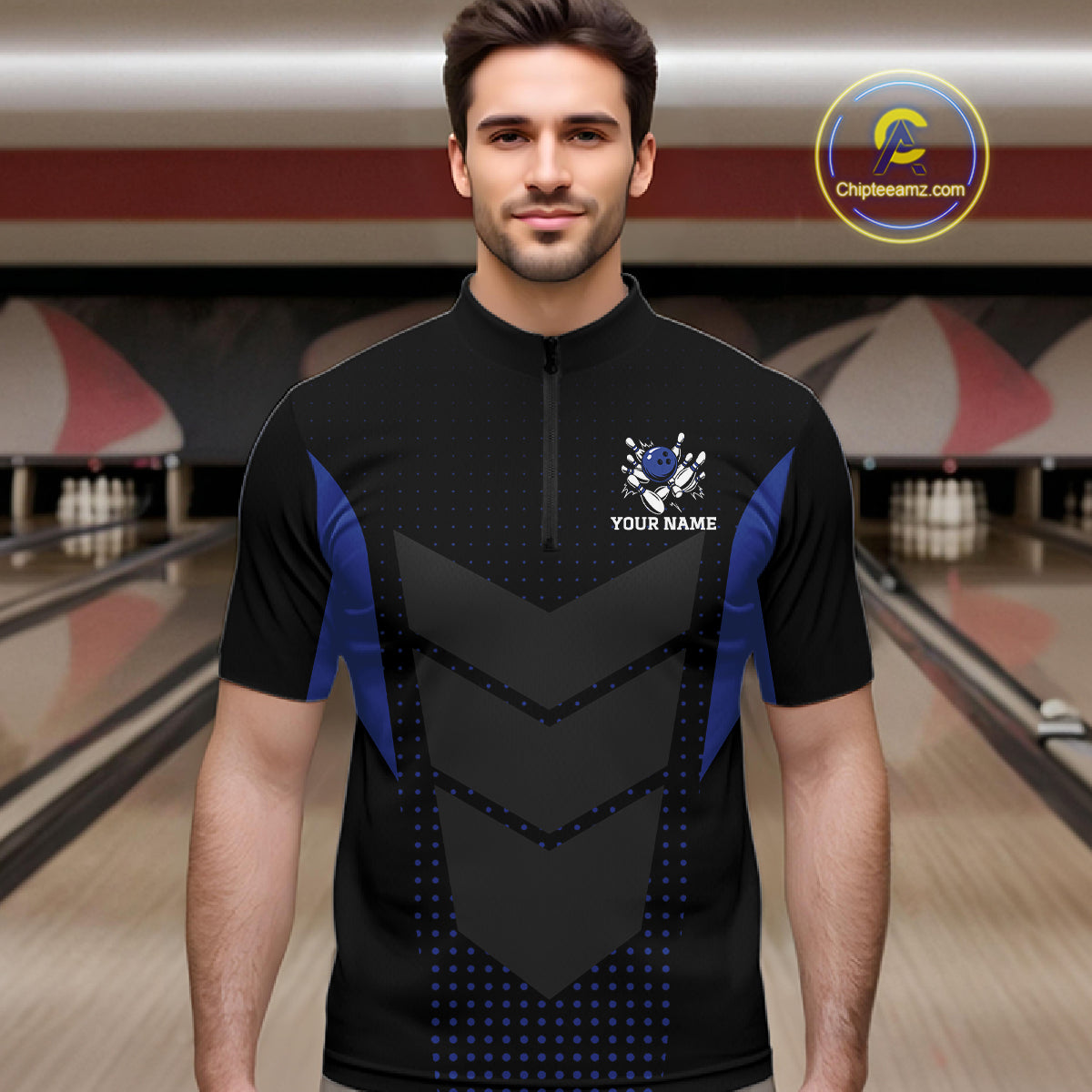 Navy blue and Black Mens Bowling Jerseys Custom Team bowling polo shirts for men, bowling zip jerseys NQS11532