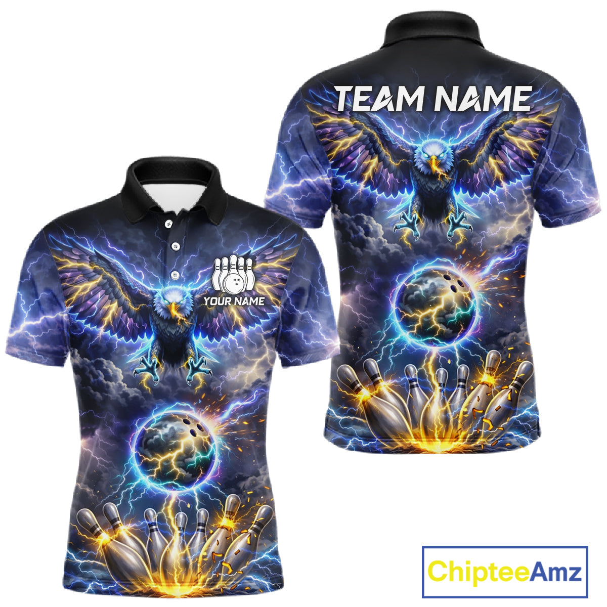 Custom Blue Lightning Thunder Eagle Bowling team shirts For Men, cool Bowling jersey gift for bowlers NQS11537