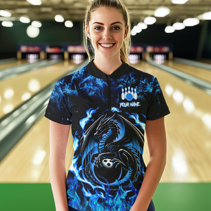 Black and Blue Flame Dragon bowling shirts for Women Custom Bowling Team Jersey, gift for Bowler NQS9607