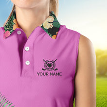 Load image into Gallery viewer, Pink tropical leaf Womens sleeveless polo shirt custom name I am not swearing I&#39;m using my golf words NQS9753