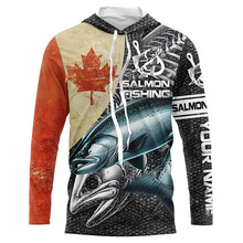 Load image into Gallery viewer, Vintage Canadian Flag Salmon Fishing Custom long sleeve performance Fishing Shirts, Salmon jerseys NQS5334