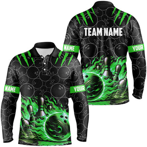 Bowling polo, quarter zip shirts for men Custom black green flame bowling shirt, Team Bowling Jerseys NQS7670