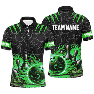 Bowling polo, quarter zip shirts for men Custom black green flame bowling shirt, Team Bowling Jerseys NQS7670