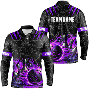 Bowling polo, quarter zip shirts for men Custom black purple flame bowling shirt, Team Bowling Jerseys NQS7671