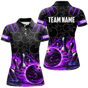 Bowling polo, quarter zip shirt for women Custom black purple flame bowling shirt, Team Bowling Jersey NQS7671