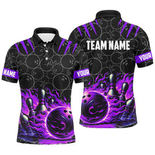 Load image into Gallery viewer, Bowling polo, quarter zip shirts for men Custom black purple flame bowling shirt, Team Bowling Jerseys NQS7671