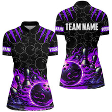 Load image into Gallery viewer, Bowling polo, quarter zip shirt for women Custom black purple flame bowling shirt, Team Bowling Jersey NQS7671