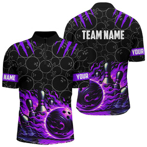 Bowling polo, quarter zip shirts for men Custom black purple flame bowling shirt, Team Bowling Jerseys NQS7671