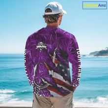 Load image into Gallery viewer, American flag fish hook purple camo custom sun protection performance long sleeve fishing shirt NQS10013